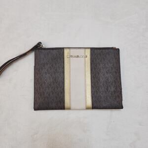 Michael Kors Wallet Pouch Brown Gold Cream 6x9 Clutch Metallic Small Leather